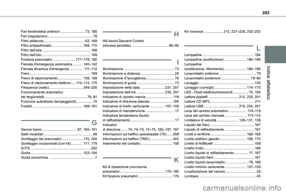 TOYOTA PROACE CITY 2021  Manuale duso (in Italian) 263
Indice alfabetico
Fari fendinebbia anteriori   73, 185Fari (regolazioni)   78Filtro abitacolo   62, 169Filtro antiparticolato   168, 170Filtro dell'aria   169Filtro dell'olio   169Foratura