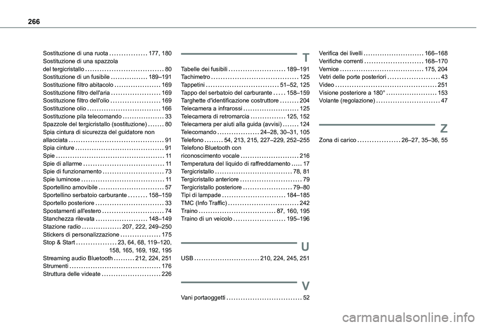TOYOTA PROACE CITY 2021  Manuale duso (in Italian) 266
Sostituzione di una ruota   177, 180Sostituzione di una spazzola  del tergicristallo   80Sostituzione di un fusibile   189–191Sostituzione filtro abitacolo   169Sostituzione filtro dell'aria