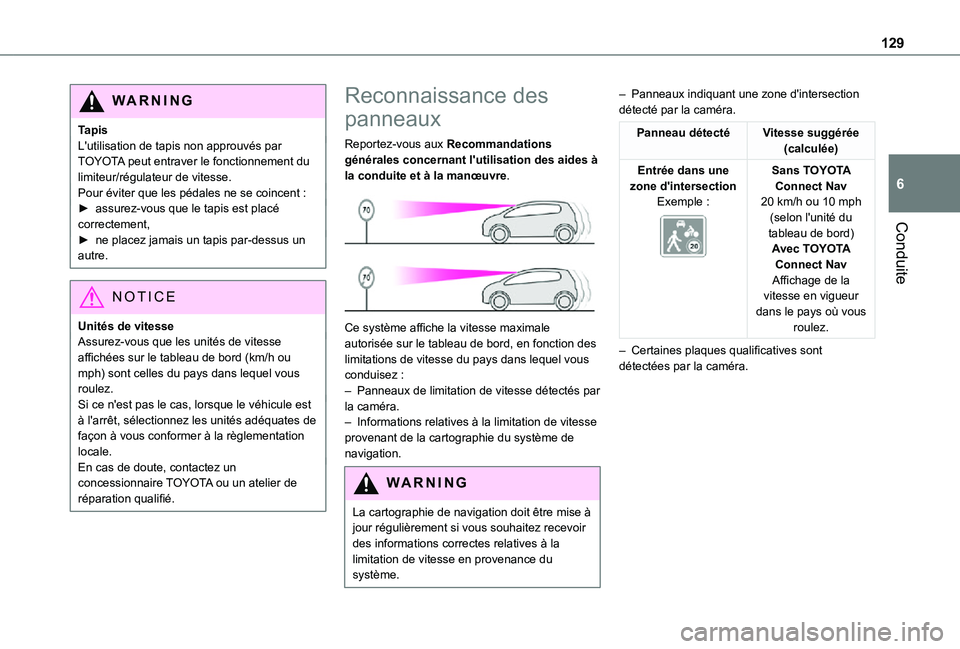 TOYOTA PROACE CITY 2021  Notices Demploi (in French) 129
Conduite
6
WARNI NG
TapisL'utilisation de tapis non approuvés par TOYOTA peut entraver le fonctionnement du limiteur/régulateur de vitesse.Pour éviter que les pédales ne se coincent :► a