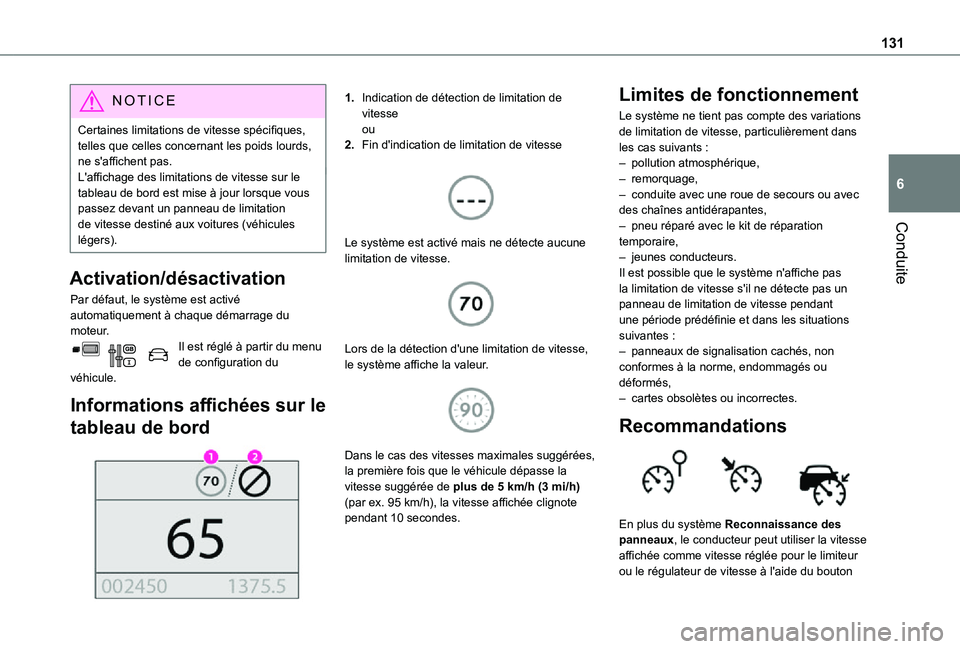 TOYOTA PROACE CITY 2021 Notices Demploi (in French) 131
Conduite
6
NOTIC E
Certaines limitations de vitesse spécifiques, telles que celles concernant les poids lourds, ne s'affichent pas.L'affichage des limitations de vitesse sur le tableau de TOYOTA PROACE CITY 2021 Notices Demploi (in French) 131
Conduite
6
NOTIC E
Certaines limitations de vitesse spécifiques, telles que celles concernant les poids lourds, ne s'affichent pas.L'affichage des limitations de vitesse sur le tableau de