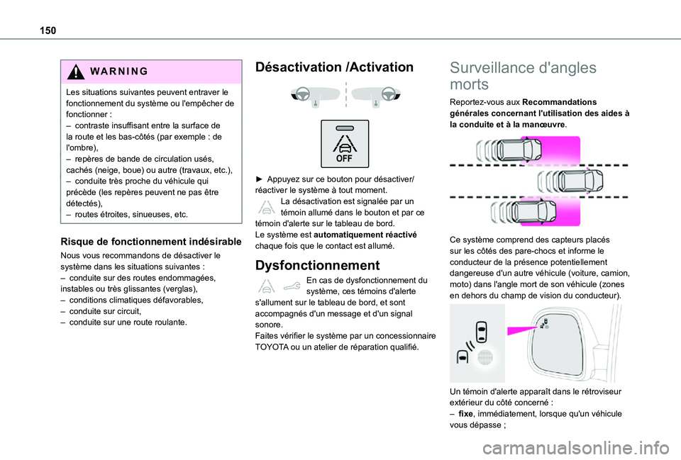 TOYOTA PROACE CITY 2021 Notices Demploi (in French) 150
WARNI NG
Les situations suivantes peuvent entraver le fonctionnement du système ou l'empêcher de fonctionner :– contraste insuffisant entre la surface de la route et les bas-côtés (par e TOYOTA PROACE CITY 2021 Notices Demploi (in French) 150
WARNI NG
Les situations suivantes peuvent entraver le fonctionnement du système ou l'empêcher de fonctionner :– contraste insuffisant entre la surface de la route et les bas-côtés (par e