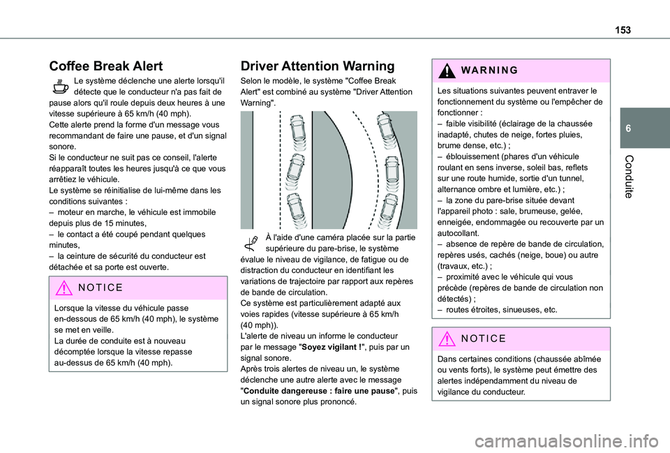 TOYOTA PROACE CITY 2021 Notices Demploi (in French) 153
Conduite
6
Coffee Break Alert
Le système déclenche une alerte lorsqu'il détecte que le conducteur n'a pas fait de pause alors qu'il roule depuis deux heures à une vitesse supérieu TOYOTA PROACE CITY 2021 Notices Demploi (in French) 153
Conduite
6
Coffee Break Alert
Le système déclenche une alerte lorsqu'il détecte que le conducteur n'a pas fait de pause alors qu'il roule depuis deux heures à une vitesse supérieu