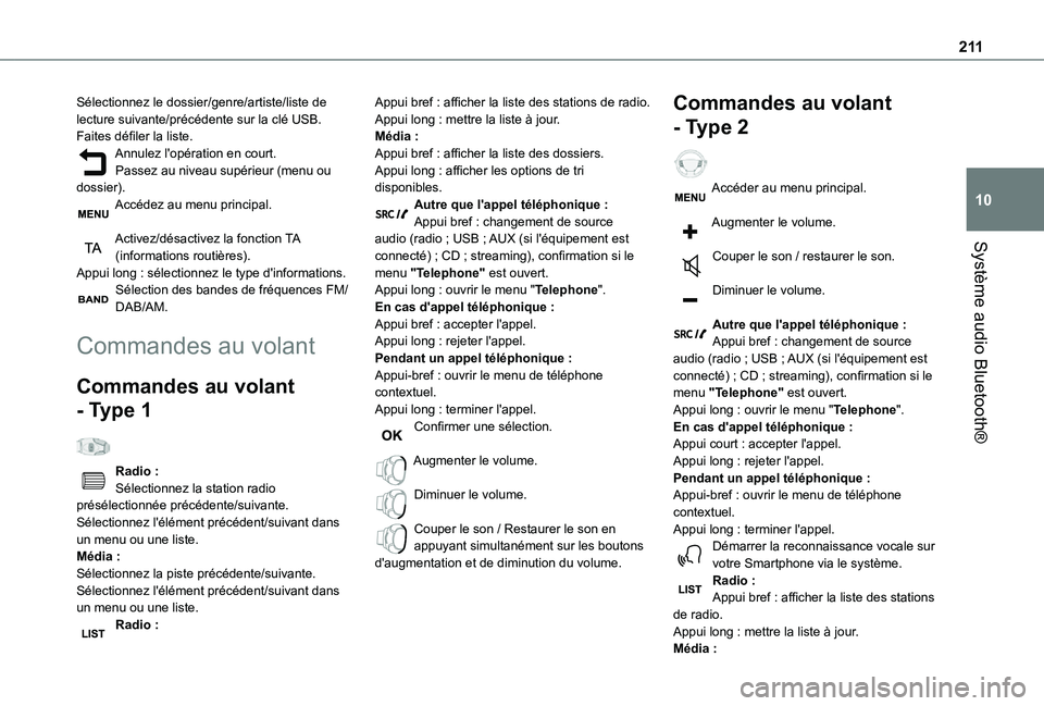 TOYOTA PROACE CITY 2021 Notices Demploi (in French) 2 11
Système audio Bluetooth®
10
Sélectionnez le dossier/genre/artiste/liste de lecture suivante/précédente sur la clé USB.Faites défiler la liste.Annulez l'opération en court.Passez au ni TOYOTA PROACE CITY 2021 Notices Demploi (in French) 2 11
Système audio Bluetooth®
10
Sélectionnez le dossier/genre/artiste/liste de lecture suivante/précédente sur la clé USB.Faites défiler la liste.Annulez l'opération en court.Passez au ni