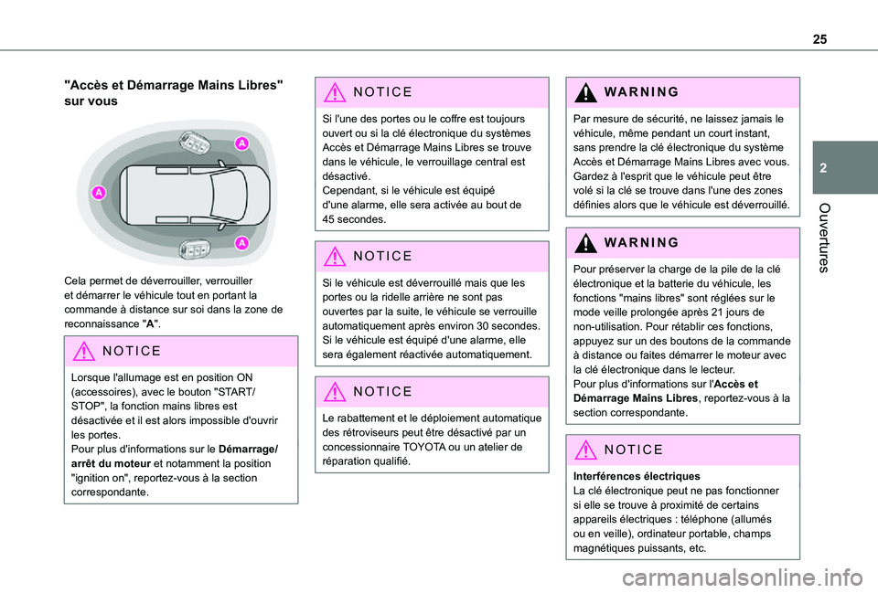 TOYOTA PROACE CITY 2021 Notices Demploi (in French) 25
Ouvertures
2
"Accès et Démarrage Mains Libres"
sur vous
Cela permet de déverrouiller, verrouiller et démarrer le véhicule tout en portant la commande à distance sur soi dans la zo TOYOTA PROACE CITY 2021 Notices Demploi (in French) 25
Ouvertures
2
"Accès et Démarrage Mains Libres"
sur vous
Cela permet de déverrouiller, verrouiller et démarrer le véhicule tout en portant la commande à distance sur soi dans la zo