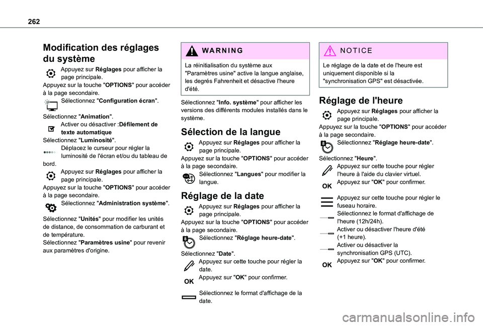 TOYOTA PROACE CITY 2021 Notices Demploi (in French) 262
Modification des réglages
du système
Appuyez sur Réglages pour afficher la page principale.Appuyez sur la touche "OPTIONS" pour accéder à la page secondaire.Sélectionnez "Config TOYOTA PROACE CITY 2021 Notices Demploi (in French) 262
Modification des réglages
du système
Appuyez sur Réglages pour afficher la page principale.Appuyez sur la touche "OPTIONS" pour accéder à la page secondaire.Sélectionnez "Config