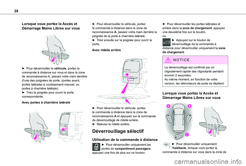 TOYOTA PROACE CITY 2021 Notices Demploi (in French) 28
Lorsque vous portez la Accès et
Démarrage Mains Libres sur vous
► Pour déverrouiller le véhicule, portez la commande à distance sur vous et dans la zone de reconnaissance A, passez votre TOYOTA PROACE CITY 2021 Notices Demploi (in French) 28
Lorsque vous portez la Accès et
Démarrage Mains Libres sur vous
► Pour déverrouiller le véhicule, portez la commande à distance sur vous et dans la zone de reconnaissance A, passez votre