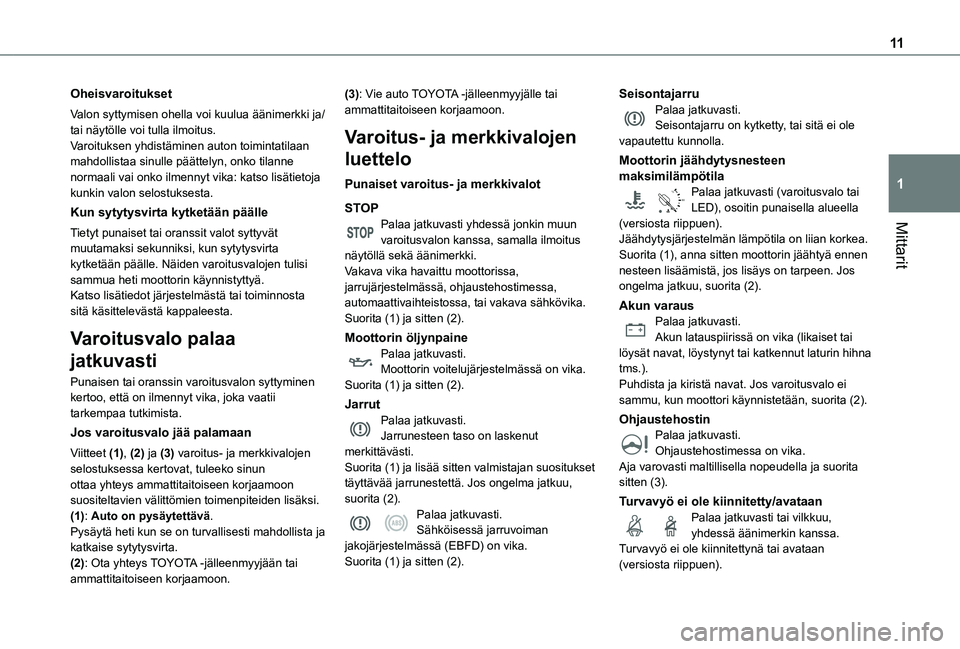 TOYOTA PROACE CITY 2021 Omistajan Käsikirja (in Finnish) 11
Mittarit
1
Oheisvaroitukset
Valon syttymisen ohella voi kuulua äänimerkki ja/tai näytölle voi tulla ilmoitus.Varoituksen yhdistäminen auton toimintatilaan mahdollistaa sinulle päättelyn, onk TOYOTA PROACE CITY 2021 Omistajan Käsikirja (in Finnish) 11
Mittarit
1
Oheisvaroitukset
Valon syttymisen ohella voi kuulua äänimerkki ja/tai näytölle voi tulla ilmoitus.Varoituksen yhdistäminen auton toimintatilaan mahdollistaa sinulle päättelyn, onk