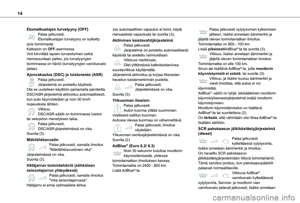 TOYOTA PROACE CITY 2021 Omistajan Käsikirja (in Finnish) 14
Etumatkustajan turvatyyny (OFF)Palaa jatkuvasti.Etumatkustajan turvatyyny on kytketty pois toiminnasta.Katkaisin on OFF-asennossa.Voit kiinnittää lapsen turvaistuimen selkä menosuuntaan paitso, TOYOTA PROACE CITY 2021 Omistajan Käsikirja (in Finnish) 14
Etumatkustajan turvatyyny (OFF)Palaa jatkuvasti.Etumatkustajan turvatyyny on kytketty pois toiminnasta.Katkaisin on OFF-asennossa.Voit kiinnittää lapsen turvaistuimen selkä menosuuntaan paitso,