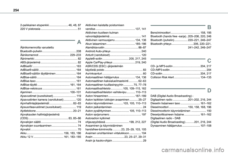 TOYOTA PROACE CITY 2021 Omistajan Käsikirja (in Finnish) 254
2-paikkainen etupenkki 46, 48, 87220 V pistorasia 51
A
Äänikomennoilla varustettu Bluetooth-puhelin 208Äänikomennot 229–233Äänimerkki 82ABS-järjestelmä 82AdBlue®/ 163AdBl TOYOTA PROACE CITY 2021 Omistajan Käsikirja (in Finnish) 254
2-paikkainen etupenkki 46, 48, 87220 V pistorasia 51
A
Äänikomennoilla varustettu Bluetooth-puhelin 208Äänikomennot 229–233Äänimerkki 82ABS-järjestelmä 82AdBlue®/ 163AdBl