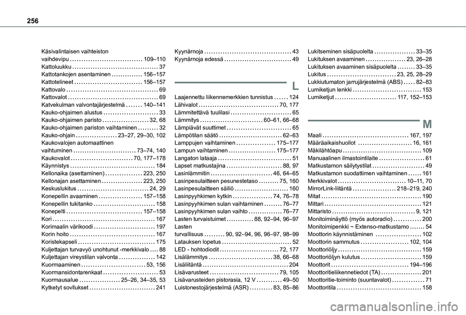 TOYOTA PROACE CITY 2021 Omistajan Käsikirja (in Finnish) 256
Käsivalintaisen vaihteiston vaihdevipu 109–11 0Kattoluukku 37Kattotankojen asentaminen 156–157Kattotelineet 156–157Kattovalo 69Kattovalot 69Katvekulman valvontajärjestelmä TOYOTA PROACE CITY 2021 Omistajan Käsikirja (in Finnish) 256
Käsivalintaisen vaihteiston vaihdevipu 109–11 0Kattoluukku 37Kattotankojen asentaminen 156–157Kattotelineet 156–157Kattovalo 69Kattovalot 69Katvekulman valvontajärjestelmä