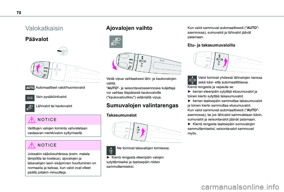 TOYOTA PROACE CITY 2021 Omistajan Käsikirja (in Finnish) 70
Valokatkaisin
Päävalot
Automaattiset valot/huomiovalot
Vain pysäköintivalot
Lähivalot tai kaukovalot
NOTIC E
Valittujen valojen toiminta vahvistetaan vastaavan merkkivalon syttymisell TOYOTA PROACE CITY 2021 Omistajan Käsikirja (in Finnish) 70
Valokatkaisin
Päävalot
Automaattiset valot/huomiovalot
Vain pysäköintivalot
Lähivalot tai kaukovalot
NOTIC E
Valittujen valojen toiminta vahvistetaan vastaavan merkkivalon syttymisell