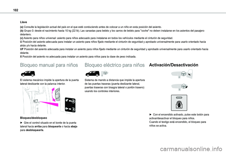 TOYOTA PROACE CITY 2021  Manuale de Empleo (in Spanish) 102
Llave
(a) Consulte la legislación actual del país en el que esté conduci\
endo antes de colocar a un niño en esta posición del asiento.(b) Grupo 0: desde el nacimiento hasta 10 kg (22 lb). La