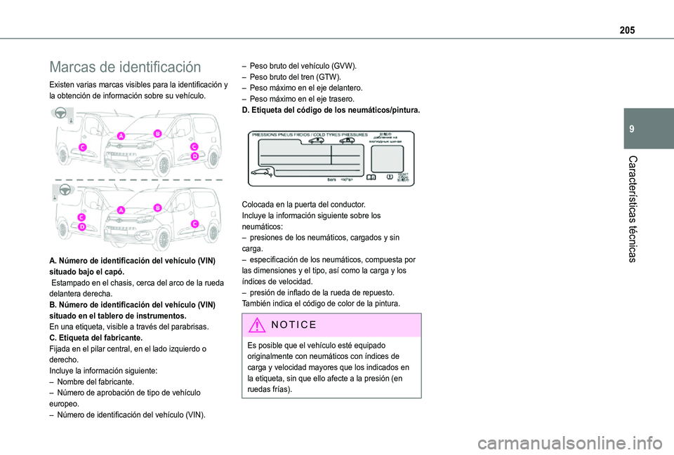 TOYOTA PROACE CITY 2021  Manuale de Empleo (in Spanish) 205
Características técnicas
9
Marcas de identificación
Existen varias marcas visibles para la identificación y la obtención de información sobre su vehículo. 
 
A. Número de identificación d