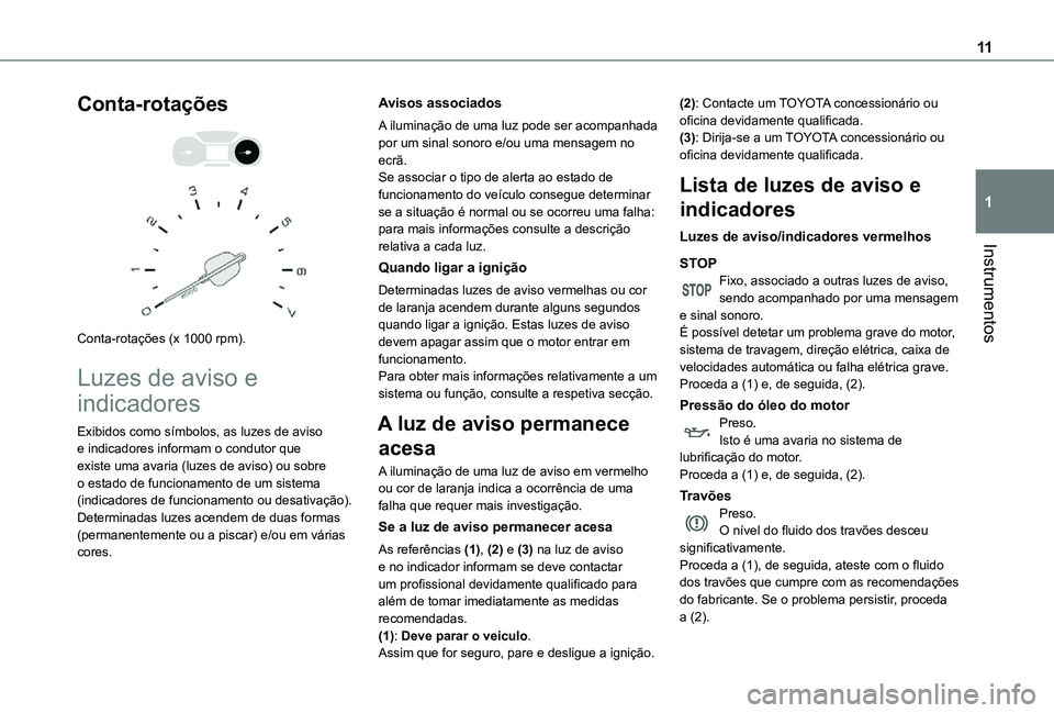 TOYOTA PROACE CITY 2021 Manual de utilização (in Portuguese) 11
Instrumentos
1
Conta-rotações
Conta-rotações (x 1000 rpm).
Luzes de aviso e
indicadores
Exibidos como símbolos, as luzes de aviso e indicadores informam o condutor que existe uma avaria TOYOTA PROACE CITY 2021 Manual de utilização (in Portuguese) 11
Instrumentos
1
Conta-rotações
Conta-rotações (x 1000 rpm).
Luzes de aviso e
indicadores
Exibidos como símbolos, as luzes de aviso e indicadores informam o condutor que existe uma avaria