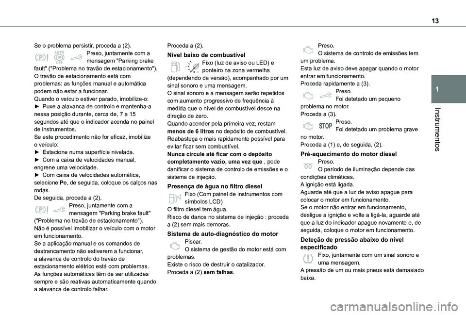 TOYOTA PROACE CITY 2021 Manual de utilização (in Portuguese) 13
Instrumentos
1
Se o problema persistir, proceda a (2).Preso, juntamente com a mensagem "Parking brake fault" ("Problema no travão de estacionamento").O travão de estacionamento es TOYOTA PROACE CITY 2021 Manual de utilização (in Portuguese) 13
Instrumentos
1
Se o problema persistir, proceda a (2).Preso, juntamente com a mensagem "Parking brake fault" ("Problema no travão de estacionamento").O travão de estacionamento es