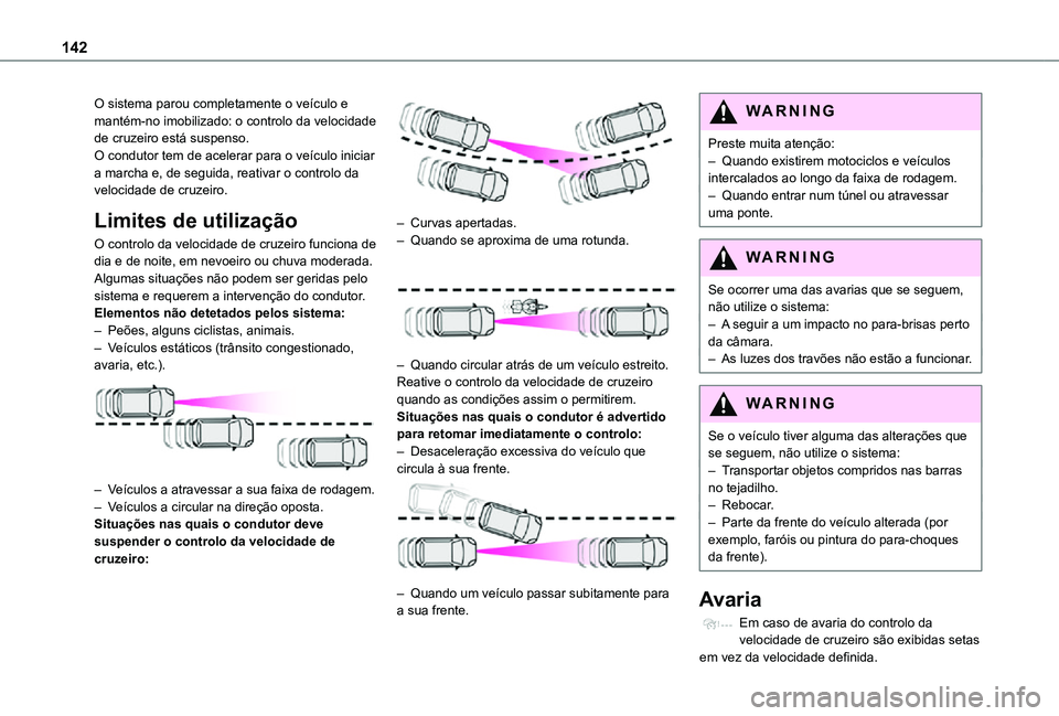 TOYOTA PROACE CITY 2021 Manual de utilização (in Portuguese) 142
O sistema parou completamente o veículo e mantém-no imobilizado: o controlo da velocidade de cruzeiro está suspenso.O condutor tem de acelerar para o veículo iniciar a marcha e, de seguida, re TOYOTA PROACE CITY 2021 Manual de utilização (in Portuguese) 142
O sistema parou completamente o veículo e mantém-no imobilizado: o controlo da velocidade de cruzeiro está suspenso.O condutor tem de acelerar para o veículo iniciar a marcha e, de seguida, re