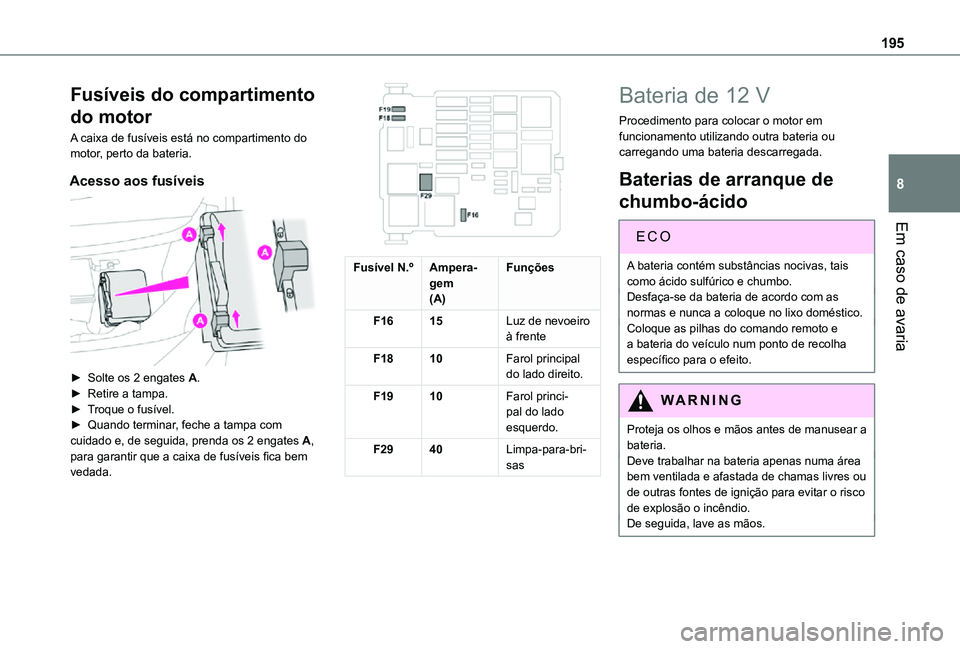 TOYOTA PROACE CITY 2021 Manual de utilização (in Portuguese) 195
Em caso de avaria
8
Fusíveis do compartimento
do motor
A caixa de fusíveis está no compartimento do motor, perto da bateria.
Acesso aos fusíveis
► Solte os 2 engates A.► Retire a tampa TOYOTA PROACE CITY 2021 Manual de utilização (in Portuguese) 195
Em caso de avaria
8
Fusíveis do compartimento
do motor
A caixa de fusíveis está no compartimento do motor, perto da bateria.
Acesso aos fusíveis
► Solte os 2 engates A.► Retire a tampa