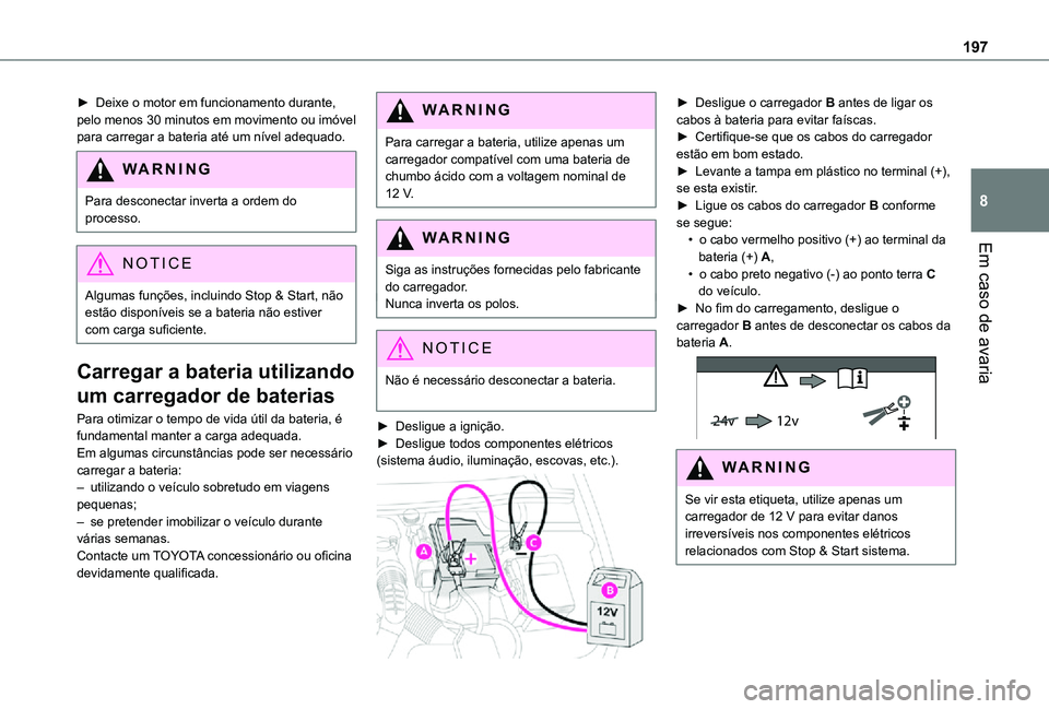 TOYOTA PROACE CITY 2021 Manual de utilização (in Portuguese) 197
Em caso de avaria
8
► Deixe o motor em funcionamento durante, pelo menos 30 minutos em movimento ou imóvel para carregar a bateria até um nível adequado.
WARNI NG
Para desconectar inverta a o TOYOTA PROACE CITY 2021 Manual de utilização (in Portuguese) 197
Em caso de avaria
8
► Deixe o motor em funcionamento durante, pelo menos 30 minutos em movimento ou imóvel para carregar a bateria até um nível adequado.
WARNI NG
Para desconectar inverta a o