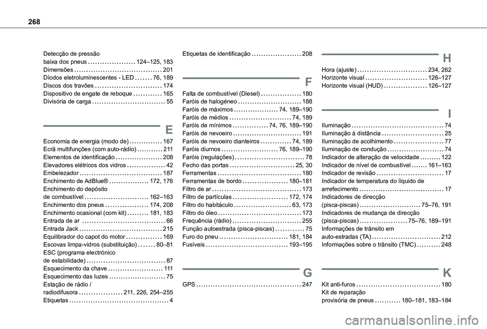 TOYOTA PROACE CITY 2021 Manual de utilização (in Portuguese) 268
Detecção de pressão baixa dos pneus 124–125, 183Dimensões 201Díodos eletroluminescentes - LED 76, 189Discos dos travões 174Dispositivo de engate de reboque 165Divisória de carg TOYOTA PROACE CITY 2021 Manual de utilização (in Portuguese) 268
Detecção de pressão baixa dos pneus 124–125, 183Dimensões 201Díodos eletroluminescentes - LED 76, 189Discos dos travões 174Dispositivo de engate de reboque 165Divisória de carg
