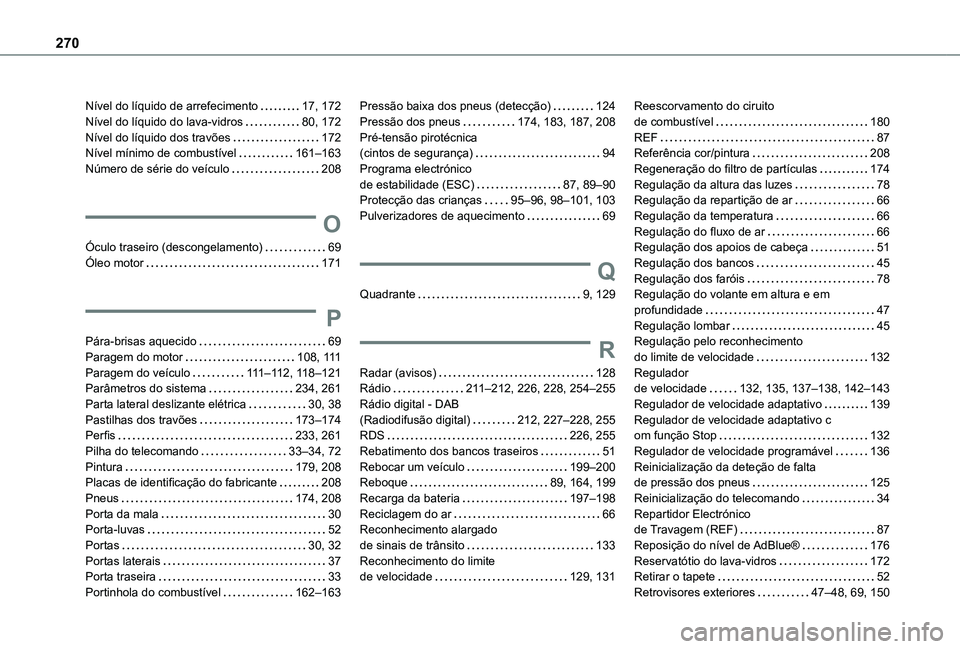 TOYOTA PROACE CITY 2021 Manual de utilização (in Portuguese) 270
Nível do líquido de arrefecimento 17, 172Nível do líquido do lava-vidros 80, 172Nível do líquido dos travões 172Nível mínimo de combustível 161–163Número de série do veículo TOYOTA PROACE CITY 2021 Manual de utilização (in Portuguese) 270
Nível do líquido de arrefecimento 17, 172Nível do líquido do lava-vidros 80, 172Nível do líquido dos travões 172Nível mínimo de combustível 161–163Número de série do veículo