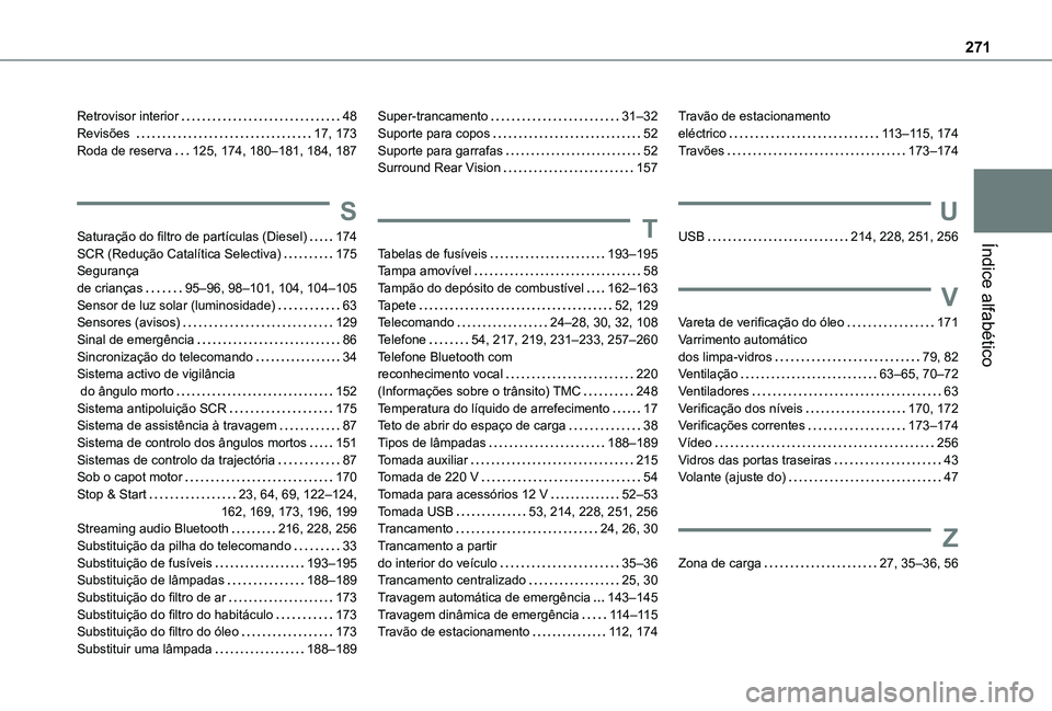 TOYOTA PROACE CITY 2021 Manual de utilização (in Portuguese) 271
Índice alfabético
Retrovisor interior 48Revisões 17, 173Roda de reserva 125, 174, 180–181, 184, 187
S
Saturação do filtro de partículas (Diesel) 174SCR (Redução Catalítica Sele TOYOTA PROACE CITY 2021 Manual de utilização (in Portuguese) 271
Índice alfabético
Retrovisor interior 48Revisões 17, 173Roda de reserva 125, 174, 180–181, 184, 187
S
Saturação do filtro de partículas (Diesel) 174SCR (Redução Catalítica Sele