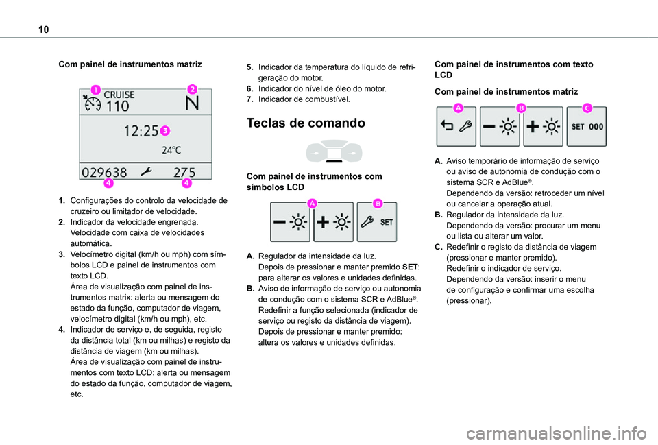 TOYOTA PROACE CITY 2021 Manual de utilização (in Portuguese) 10
Com painel de instrumentos matriz
1.Configurações do controlo da velocidade de cruzeiro ou limitador de velocidade.
2.Indicador da velocidade engrenada.Velocidade com caixa de velocidades auto TOYOTA PROACE CITY 2021 Manual de utilização (in Portuguese) 10
Com painel de instrumentos matriz
1.Configurações do controlo da velocidade de cruzeiro ou limitador de velocidade.
2.Indicador da velocidade engrenada.Velocidade com caixa de velocidades auto