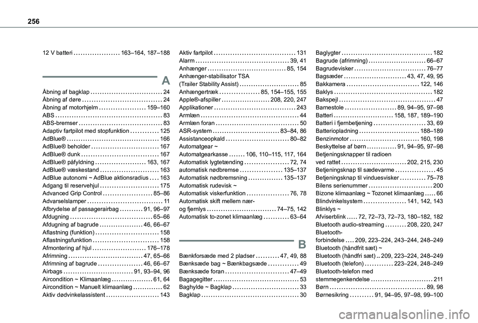 TOYOTA PROACE CITY 2021 Brugsanvisning (in Danish) 256
12 V batteri 163–164, 187–188
A
Åbning af bagklap 24Åbning af døre 24Åbning af motorhjelm 159–160ABS 83ABS-bremser 83Adaptiv fartpilot med stopfunktion 125AdBlue® 166AdB TOYOTA PROACE CITY 2021 Brugsanvisning (in Danish) 256
12 V batteri 163–164, 187–188
A
Åbning af bagklap 24Åbning af døre 24Åbning af motorhjelm 159–160ABS 83ABS-bremser 83Adaptiv fartpilot med stopfunktion 125AdBlue® 166AdB