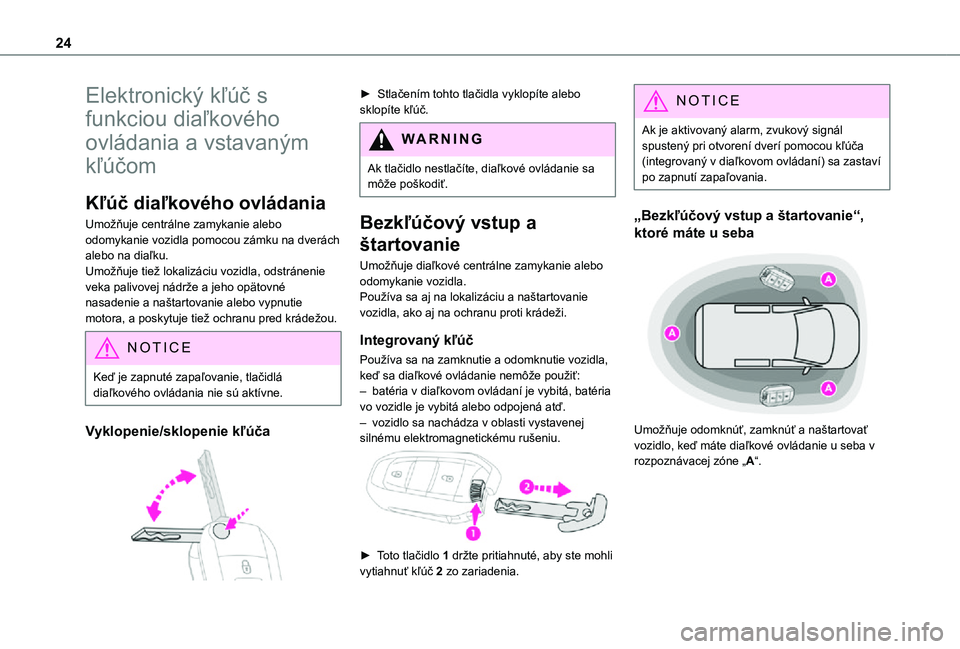 TOYOTA PROACE CITY 2021  Návod na použitie (in Slovakian) 24
Elektronický kľúč s 
funkciou diaľkového 
ovládania a vstavaným 
kľúčom
Kľúč diaľkového ovládania
Umožňuje centrálne zamykanie alebo odomykanie vozidla pomocou zámku na dverác