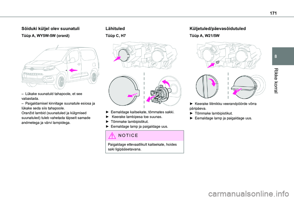 TOYOTA PROACE CITY 2021  Kasutusjuhend (in Estonian) 171
Rikke korral
8
Sõiduki küljel olev suunatuli
Tüüp A, WY5W-5W (oranž) 
 
– Lükake suunatuld tahapoole, et see vabastada.– Paigaldamisel kinnitage suunatule esiosa ja lükake seda siis tah