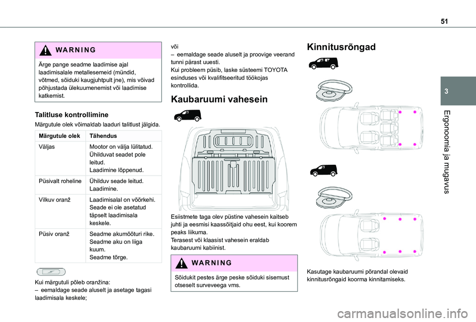 TOYOTA PROACE CITY 2021 Kasutusjuhend (in Estonian) 51
Ergonoomia ja mugavus
3
WARNI NG
Ärge pange seadme laadimise ajal laadimisalale metallesemeid (mündid, võtmed, sõiduki kaugjuhtpult jne), mis võivad põhjustada ülekuumenemist või laadimise TOYOTA PROACE CITY 2021 Kasutusjuhend (in Estonian) 51
Ergonoomia ja mugavus
3
WARNI NG
Ärge pange seadme laadimise ajal laadimisalale metallesemeid (mündid, võtmed, sõiduki kaugjuhtpult jne), mis võivad põhjustada ülekuumenemist või laadimise