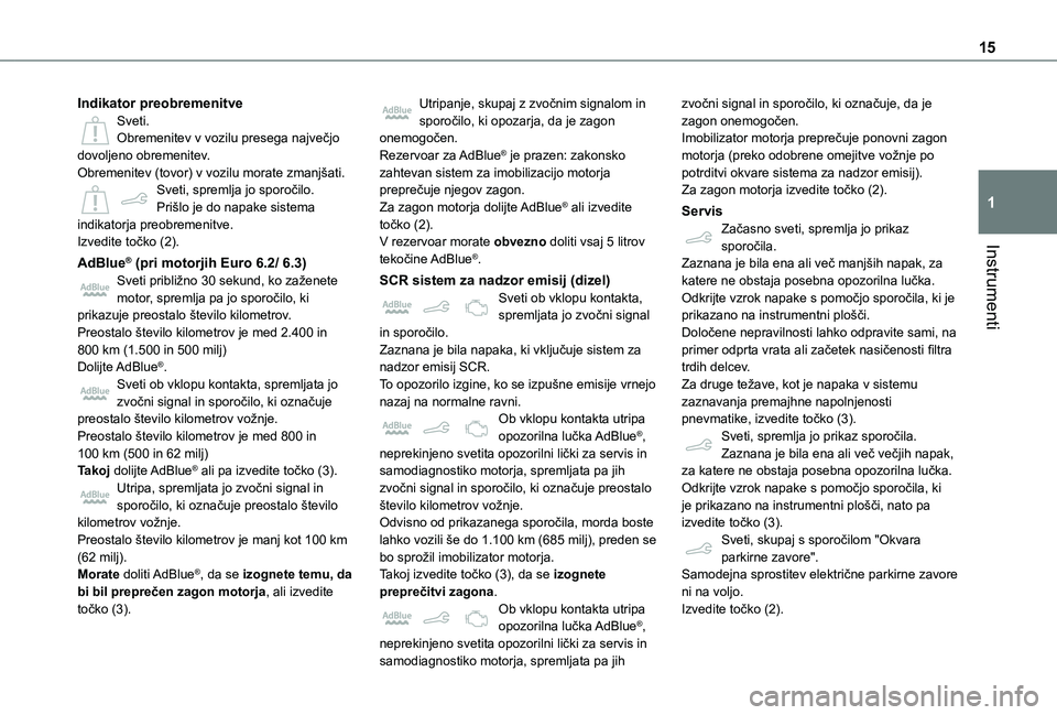 TOYOTA PROACE CITY 2021  Navodila Za Uporabo (in Slovenian) 15
Instrumenti
1
Indikator preobremenitveSveti.Obremenitev v vozilu presega največjo dovoljeno obremenitev.Obremenitev (tovor) v vozilu morate zmanjšati.Sveti, spremlja jo sporočilo.Prišlo je do n