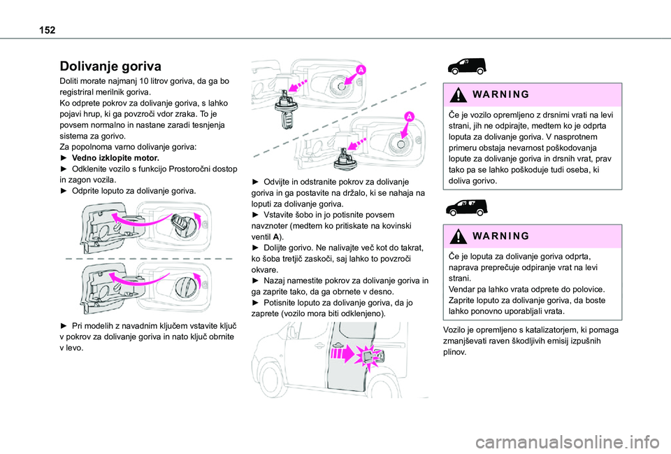 TOYOTA PROACE CITY 2021  Navodila Za Uporabo (in Slovenian) 152
Dolivanje goriva
Doliti morate najmanj 10 litrov goriva, da ga bo registriral merilnik goriva.Ko odprete pokrov za dolivanje goriva, s lahko pojavi hrup, ki ga povzroči vdor zraka. To je povsem n
