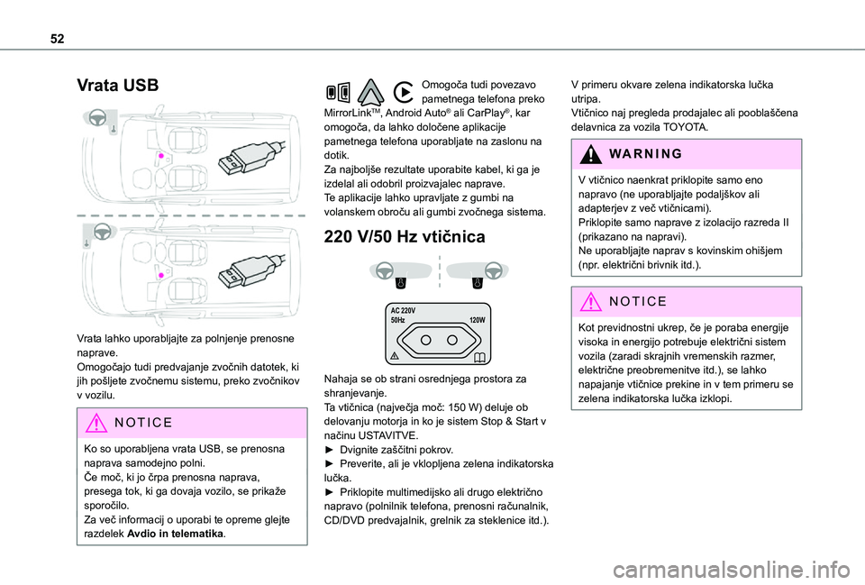 TOYOTA PROACE CITY 2021 Navodila Za Uporabo (in Slovenian) 52
Vrata USB
Vrata lahko uporabljajte za polnjenje prenosne naprave.Omogočajo tudi predvajanje zvočnih datotek, ki jih pošljete zvočnemu sistemu, preko zvočnikov v vozilu.
NOTIC E
Ko so uporab TOYOTA PROACE CITY 2021 Navodila Za Uporabo (in Slovenian) 52
Vrata USB
Vrata lahko uporabljajte za polnjenje prenosne naprave.Omogočajo tudi predvajanje zvočnih datotek, ki jih pošljete zvočnemu sistemu, preko zvočnikov v vozilu.
NOTIC E
Ko so uporab