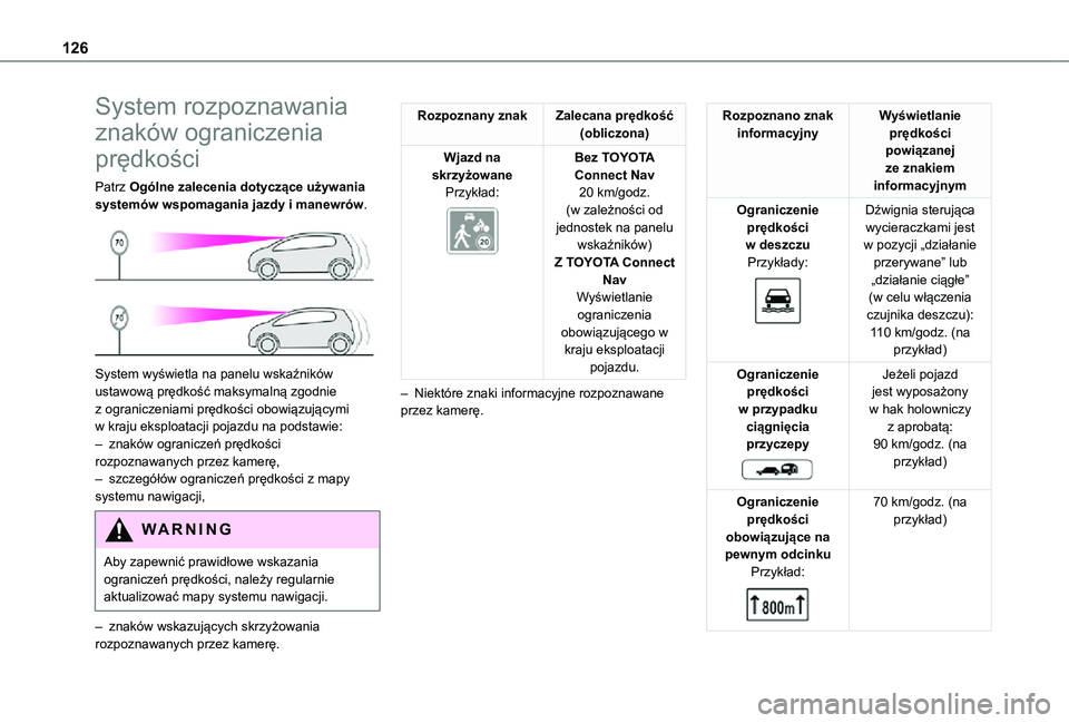 TOYOTA PROACE CITY 2021  Instrukcja obsługi (in Polish) 126
System rozpoznawania 
znaków ograniczenia 
prędkości
Patrz Ogólne zalecenia dotyczące używania systemów wspomagania jazdy i manewrów. 
 
System wyświetla na panelu wskaźników ustawową 