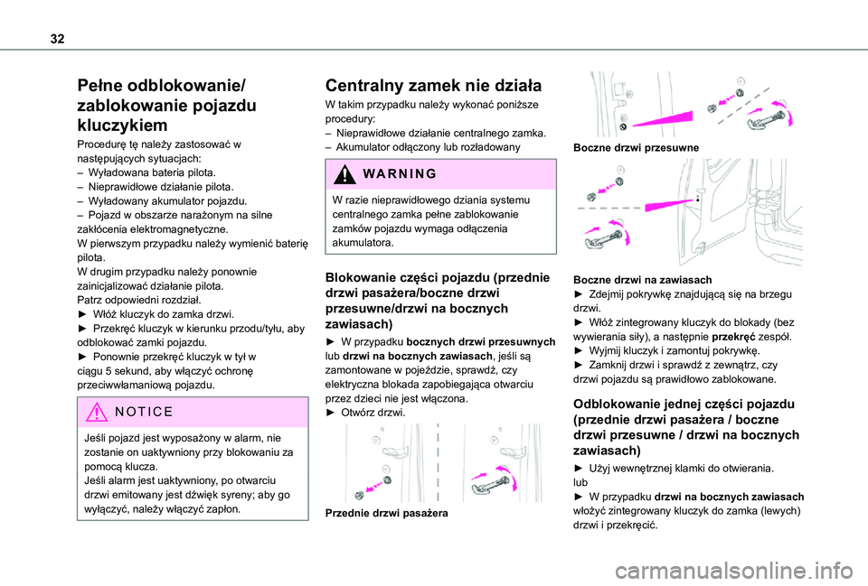 TOYOTA PROACE CITY 2021  Instrukcja obsługi (in Polish) 32
Pełne odblokowanie/
zablokowanie pojazdu 
kluczykiem
Procedurę tę należy zastosować w następujących sytuacjach:– Wyładowana bateria pilota.– Nieprawidłowe działanie pilota.– Wyłado