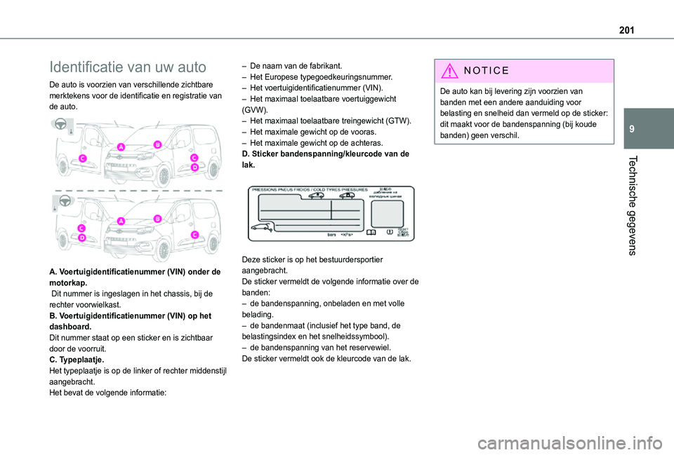 TOYOTA PROACE CITY 2021 Instructieboekje (in Dutch) 201
Technische gegevens
9
Identificatie van uw auto
De auto is voorzien van verschillende zichtbare merktekens voor de identificatie en registratie van de auto.
A. Voertuigidentificatienummer (VIN) TOYOTA PROACE CITY 2021 Instructieboekje (in Dutch) 201
Technische gegevens
9
Identificatie van uw auto
De auto is voorzien van verschillende zichtbare merktekens voor de identificatie en registratie van de auto.
A. Voertuigidentificatienummer (VIN)