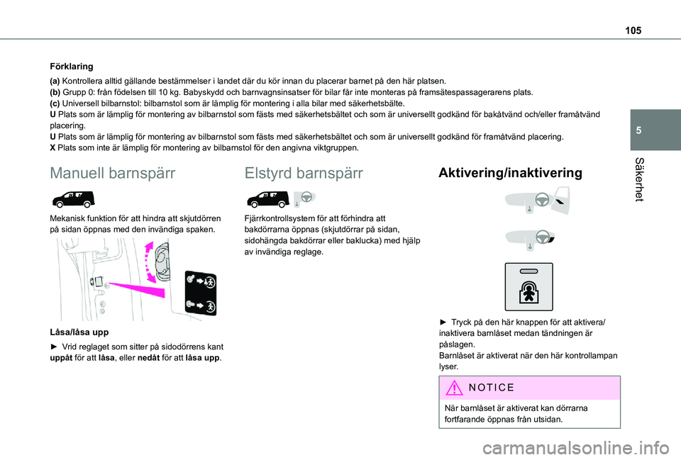 TOYOTA PROACE CITY 2021 Bruksanvisningar (in Swedish) 105
Säkerhet
5
Förklaring
(a) Kontrollera alltid gällande bestämmelser i landet där du kö\
r innan du placerar barnet på den här platsen.(b) Grupp 0: från födelsen till 10 kg. Babyskydd och TOYOTA PROACE CITY 2021 Bruksanvisningar (in Swedish) 105
Säkerhet
5
Förklaring
(a) Kontrollera alltid gällande bestämmelser i landet där du kö\
r innan du placerar barnet på den här platsen.(b) Grupp 0: från födelsen till 10 kg. Babyskydd och