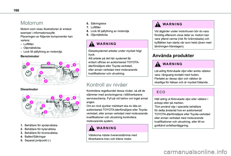 TOYOTA PROACE CITY 2021 Bruksanvisningar (in Swedish) 166
Motorrum
Motorn som visas illustrationer är endast exempel i informationssyftePlaceringen av följande komponenter kan variera:– Luftfilter.– Oljemätsticka.– Lock till påfyllning av motor TOYOTA PROACE CITY 2021 Bruksanvisningar (in Swedish) 166
Motorrum
Motorn som visas illustrationer är endast exempel i informationssyftePlaceringen av följande komponenter kan variera:– Luftfilter.– Oljemätsticka.– Lock till påfyllning av motor