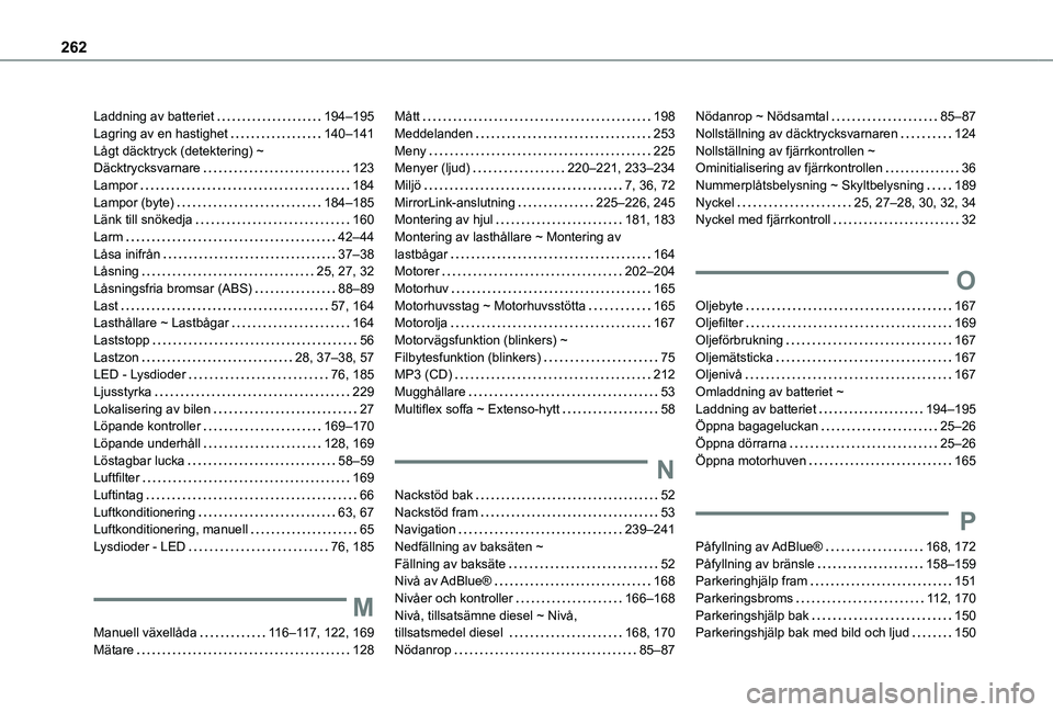 TOYOTA PROACE CITY 2021 Bruksanvisningar (in Swedish) 262
Laddning av batteriet 194–195Lagring av en hastighet 140–141Lågt däcktryck (detektering) ~ Däcktrycksvarnare 123Lampor 184Lampor (byte) 184–185Länk till snökedja 160Larm 4 TOYOTA PROACE CITY 2021 Bruksanvisningar (in Swedish) 262
Laddning av batteriet 194–195Lagring av en hastighet 140–141Lågt däcktryck (detektering) ~ Däcktrycksvarnare 123Lampor 184Lampor (byte) 184–185Länk till snökedja 160Larm 4