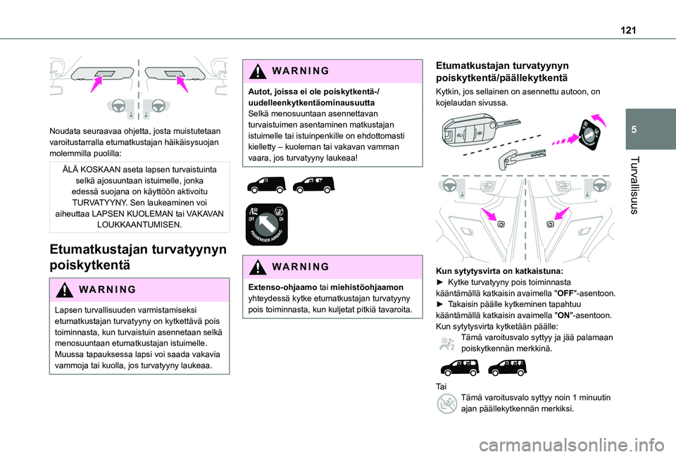 TOYOTA PROACE CITY EV 2021  Omistajan Käsikirja (in Finnish) 121
Turvallisuus
5 
Noudata seuraavaa ohjetta, josta muistutetaan varoitustarralla etumatkustajan häikäisysuojan molemmilla puolilla:
ÄLÄ KOSKAAN aseta lapsen turvaistuinta selkä ajosuuntaan istu