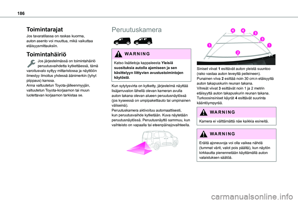 TOYOTA PROACE CITY EV 2021 Omistajan Käsikirja (in Finnish) 186
Toimintarajat
Jos tavaratilassa on raskas kuorma, auton asento voi muuttua, mikä vaikuttaa etäisyysmittauksiin.
Toimintahäiriö
Jos järjestelmässä on toimintahäiriö peruutusvaihdetta kytke TOYOTA PROACE CITY EV 2021 Omistajan Käsikirja (in Finnish) 186
Toimintarajat
Jos tavaratilassa on raskas kuorma, auton asento voi muuttua, mikä vaikuttaa etäisyysmittauksiin.
Toimintahäiriö
Jos järjestelmässä on toimintahäiriö peruutusvaihdetta kytke