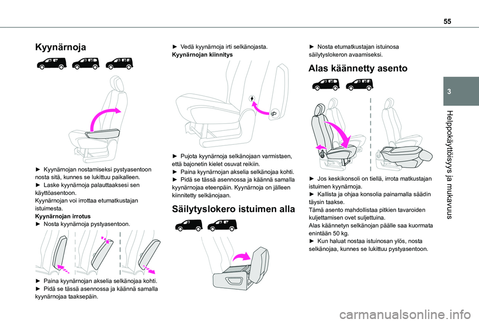 TOYOTA PROACE CITY EV 2021 Omistajan Käsikirja (in Finnish) 55
Helppokäyttöisyys ja mukavuus
3
Kyynärnoja
► Kyynärnojan nostamiseksi pystyasentoon nosta sitä, kunnes se lukittuu paikalleen.► Laske kyynärnoja palauttaaksesi sen TOYOTA PROACE CITY EV 2021 Omistajan Käsikirja (in Finnish) 55
Helppokäyttöisyys ja mukavuus
3
Kyynärnoja
► Kyynärnojan nostamiseksi pystyasentoon nosta sitä, kunnes se lukittuu paikalleen.► Laske kyynärnoja palauttaaksesi sen