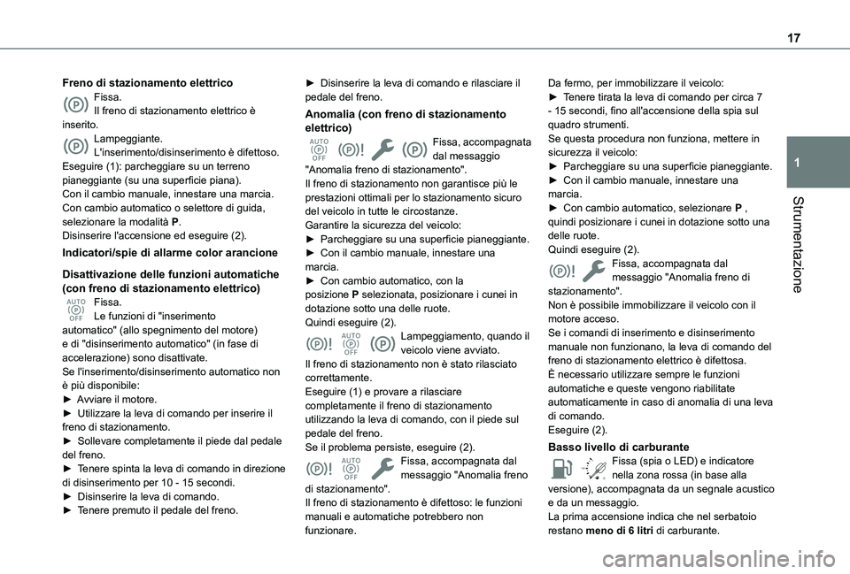 TOYOTA PROACE CITY EV 2021 Manuale duso (in Italian) 17
Strumentazione
1
Freno di stazionamento elettricoFissa.Il freno di stazionamento elettrico è inserito.Lampeggiante.L'inserimento/disinserimento è difettoso.Eseguire (1): parcheggiare su un te TOYOTA PROACE CITY EV 2021 Manuale duso (in Italian) 17
Strumentazione
1
Freno di stazionamento elettricoFissa.Il freno di stazionamento elettrico è inserito.Lampeggiante.L'inserimento/disinserimento è difettoso.Eseguire (1): parcheggiare su un te