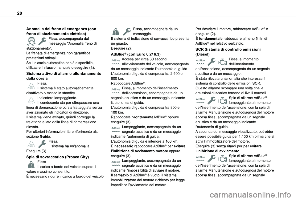 TOYOTA PROACE CITY EV 2021 Manuale duso (in Italian) 20
Anomalia del freno di emergenza (con freno di stazionamento elettrico)Fissa, accompagnata dal messaggio "Anomalia freno di stazionamento".La frenata di emergenza non garantisce prestazioni TOYOTA PROACE CITY EV 2021 Manuale duso (in Italian) 20
Anomalia del freno di emergenza (con freno di stazionamento elettrico)Fissa, accompagnata dal messaggio "Anomalia freno di stazionamento".La frenata di emergenza non garantisce prestazioni