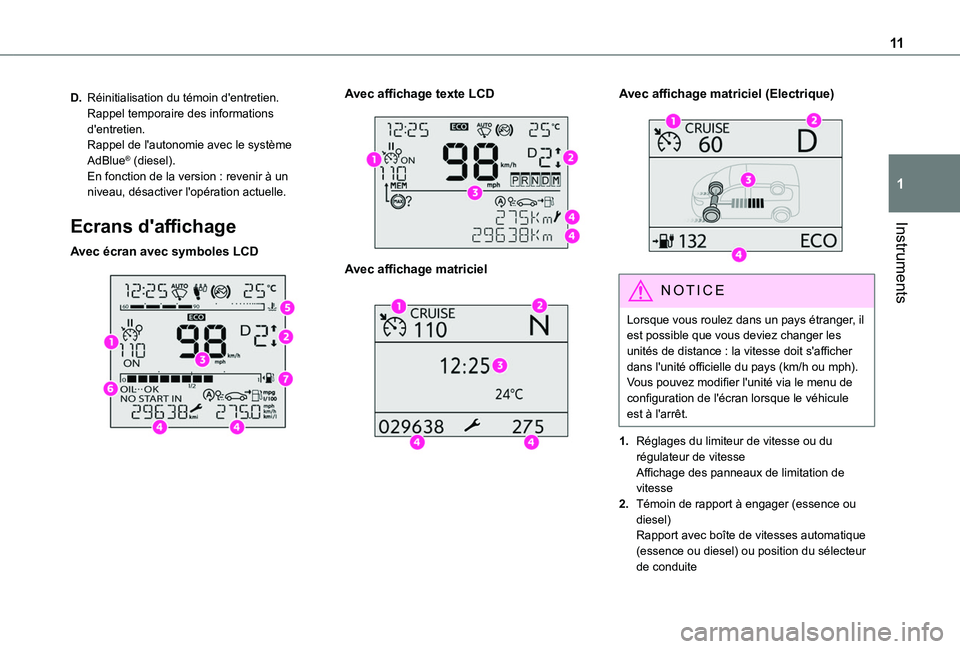 TOYOTA PROACE CITY EV 2021  Notices Demploi (in French) 11
Instruments
1
D.Réinitialisation du témoin d'entretien.Rappel temporaire des informations d'entretien.Rappel de l'autonomie avec le système AdBlue® (diesel).En fonction de la versio