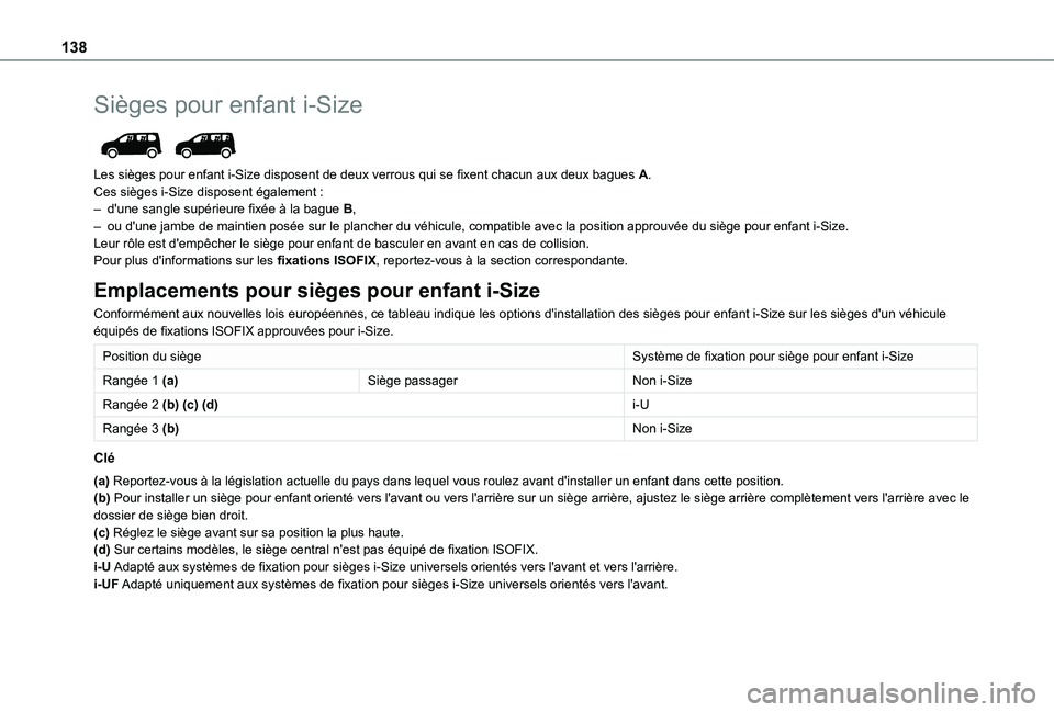 TOYOTA PROACE CITY EV 2021 Notices Demploi (in French) 138
Sièges pour enfant i-Size
Les sièges pour enfant i-Size disposent de deux verrous qui se fixent chacun aux deux bagues A.Ces sièges i-Size disposent également :– d'une sangle supérie TOYOTA PROACE CITY EV 2021 Notices Demploi (in French) 138
Sièges pour enfant i-Size
Les sièges pour enfant i-Size disposent de deux verrous qui se fixent chacun aux deux bagues A.Ces sièges i-Size disposent également :– d'une sangle supérie