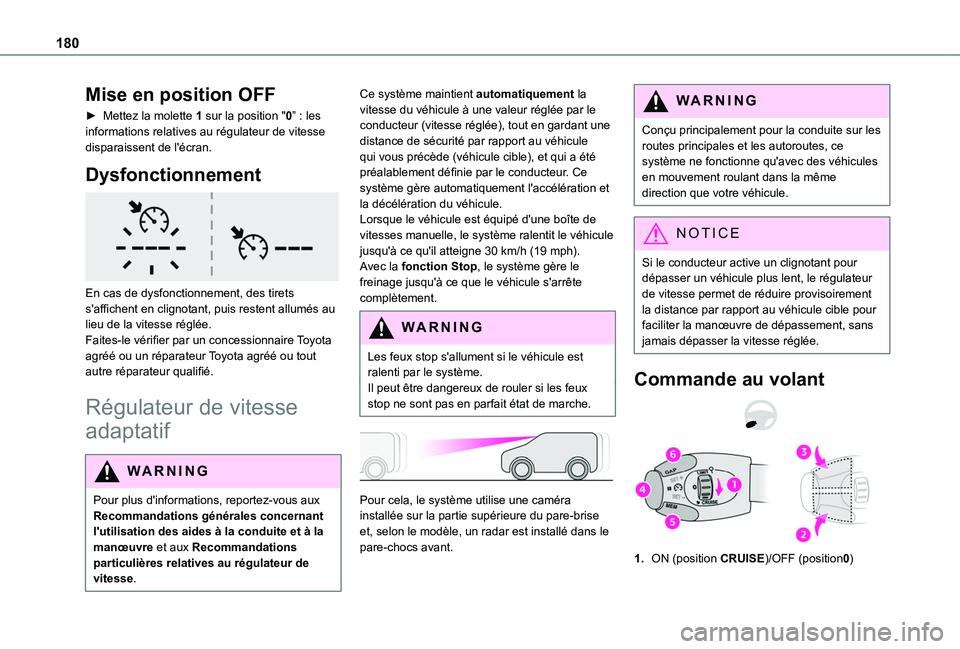 TOYOTA PROACE CITY EV 2021 Notices Demploi (in French) 180
Mise en position OFF
► Mettez la molette 1 sur la position "0” : les informations relatives au régulateur de vitesse disparaissent de l'écran.
Dysfonctionnement
En cas de dysfonct TOYOTA PROACE CITY EV 2021 Notices Demploi (in French) 180
Mise en position OFF
► Mettez la molette 1 sur la position "0” : les informations relatives au régulateur de vitesse disparaissent de l'écran.
Dysfonctionnement
En cas de dysfonct