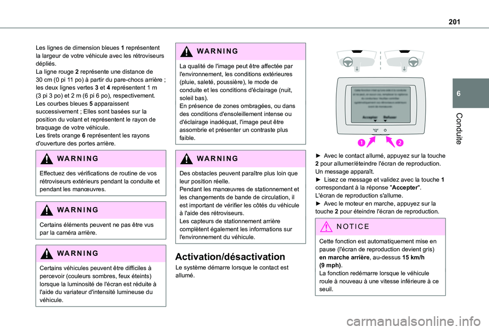 TOYOTA PROACE CITY EV 2021 Notices Demploi (in French) 201
Conduite
6
Les lignes de dimension bleues 1 représentent la largeur de votre véhicule avec les rétroviseurs dépliés.La ligne rouge 2 représente une distance de 30 cm (0 pi 11 po) à partir d TOYOTA PROACE CITY EV 2021 Notices Demploi (in French) 201
Conduite
6
Les lignes de dimension bleues 1 représentent la largeur de votre véhicule avec les rétroviseurs dépliés.La ligne rouge 2 représente une distance de 30 cm (0 pi 11 po) à partir d
