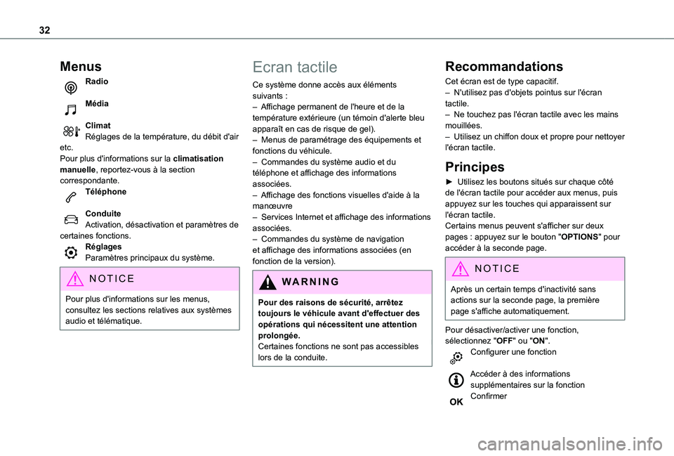 TOYOTA PROACE CITY EV 2021  Notices Demploi (in French) 32
Menus
Radio 
Média 
ClimatRéglages de la température, du débit d'air etc.Pour plus d'informations sur la climatisation manuelle, reportez-vous à la section correspondante.Téléphone 
