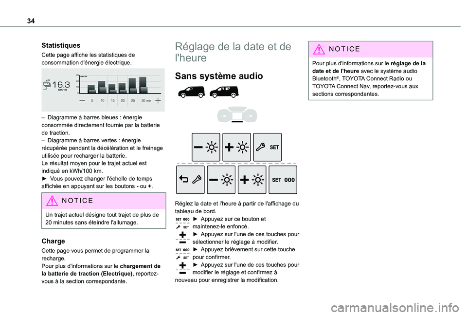 TOYOTA PROACE CITY EV 2021 Notices Demploi (in French) 34
Statistiques
Cette page affiche les statistiques de consommation d'énergie électrique.
– Diagramme à barres bleues : énergie consommée directement fournie par la batterie de traction. TOYOTA PROACE CITY EV 2021 Notices Demploi (in French) 34
Statistiques
Cette page affiche les statistiques de consommation d'énergie électrique.
– Diagramme à barres bleues : énergie consommée directement fournie par la batterie de traction.